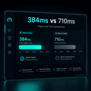 GTmetrix 2025 benchmark showing Cloudoora 384ms vs Bluehost 710ms average WordPress page load time