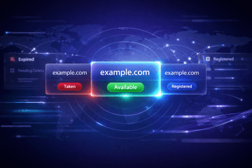 Futuristic SaaS dashboard illustration showing domain backorder process with status transitions from taken to available to registered, featuring global network connections and tech UI elements