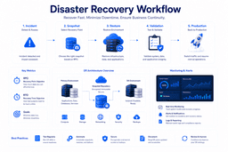 Cloud disaster recovery workflow showing incident response snapshot restore validation RPO RTO and production recovery