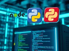 Cloud hosting environment with Node.js, Python, and Composer icons floating above servers, representing pre-installed developer tools.