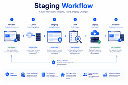WordPress staging workflow showing cloning testing plugin updates deployment and production website