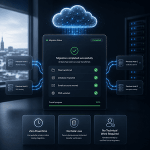 Free website migration from Bluehost, Hostinger, SiteGround, and GoDaddy to Cloudoora — files, database, email, and DNS transferred with zero downtime