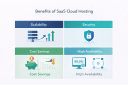 saas cloud hosting benefits infographic showing scalability security cost savings and high availability