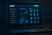 “Modern hosting control panel dashboard open on a sleek laptop screen showing WHM and cPanel interface with multiple client