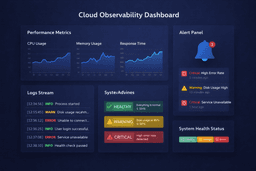 Cloud monitoring and observability dashboard showing metrics logs alerts and system performance