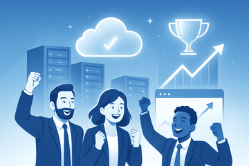 A powerful business success concept showing a modern team or entrepreneur celebrating website growth and reliability. In the