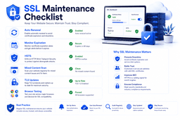 SSL certificate maintenance checklist including automatic renewal HSTS TLS updates and browser compatibility testing