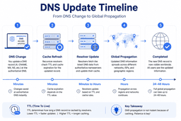DNS propagation timeline showing TTL cache refresh resolver updates and global DNS synchronization