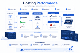 Hosting performance stack showing NVMe SSD PHP FPM MariaDB Redis LiteSpeed and NGINX optimization