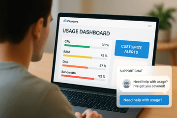 A user confidently viewing a clean and modern usage dashboard on their laptop, showing real-time metrics like CPU, RAM, disk, and bandwidth usage with color-coded status bars (green/yellow/red). Next to the screen, a large “Customize Alerts” button is visible. A subtle overlay shows a “Support Chat” bubble open in the corner with a live agent icon or chatbot saying: "Need help with usage? I’ve got you covered!" Visual Elements: Environment: Well-lit workspace with a calm, focused mood Devices: Laptop or desktop with visible Cloudoora dashboard UI: Clear usage graphs + an active notification panel Style: Professional with soft blues, greens, and warm call-to-action lighting