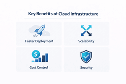 developer cloud hosting benefits infographic showing faster deployment scalability cost control and security