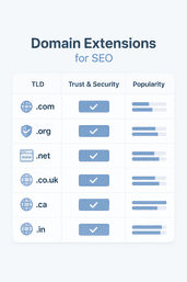 Chart comparing domain extensions like .com, .org, .net, and country TLDs for SEO.