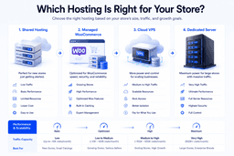 Comparison of shared hosting managed WooCommerce cloud VPS and dedicated server for WooCommerce stores