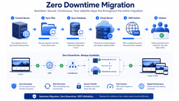 Zero downtime website migration showing file synchronization database replication DNS switch and cloud hosting