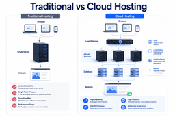 Comparison between traditional hosting and cloud hosting architecture for ecommerce websites.