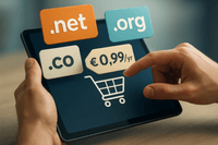 "A visual of multiple domain extensions (.net, .org, .co) on floating cards over a digital shopping cart interface on a tablet or phone. Emphasize a price tag reading ‘€0.99/yr’. Realistic hands interacting with the device. Soft lighting and tech-savvy style with a sense of affordability and convenience."