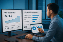 Marketer tracking SEO success with organic traffic and keyword analytics dashboard.