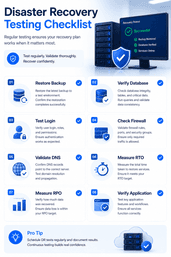 VPS disaster recovery testing checklist showing backup validation database recovery DNS verification and RPO RTO testing