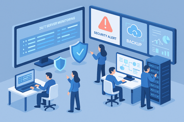 Enterprise IT team monitoring dedicated servers with 24/7 alerts, managing backups, security, and providing expert support.