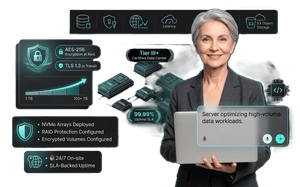 Scalable storage server hosting with NVMe SSD, secure cloud storage, and enterprise data infrastructure for high-volume workloads