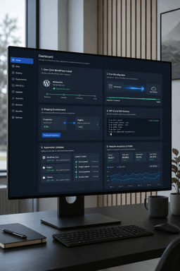 WordPress hosting dashboard with one-click installation, migration, staging, backups, updates, and developer tools