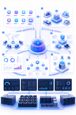 Enterprise AI lifecycle showing application deployment, infrastructure configuration, data integration, workflow automation, monitoring, and production scaling.