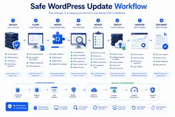 Safe WordPress update workflow showing backup staging testing deployment and monitoring process