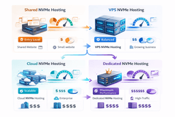 Different NVMe hosting types including shared, VPS, cloud, and dedicated servers with performance and pricing comparison