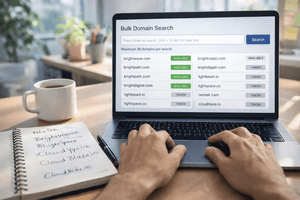 bulk domain search tool showing multiple domain names available for registration