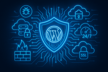 Secure WordPress environment visual — a glowing WordPress logo protected inside a digital security shield surrounded by blu