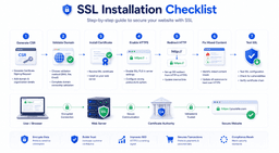 SSL certificate installation checklist showing CSR generation HTTPS setup redirects and SSL testing