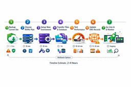 NVMe hosting migration steps showing complete process from backup to DNS update and go-live monitoring for seamless transition