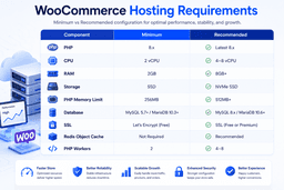 Comparison of minimum and recommended WooCommerce hosting requirements including CPU RAM PHP and NVMe storage