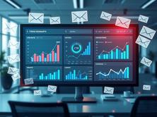 Marketing analytics dashboard showing email open rates, CTR, and conversions for website promotion performance.