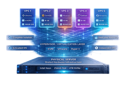 VPS hosting architecture showing physical server divided into multiple virtual private servers with dedicated resources