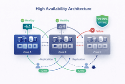 High availability cloud architecture with failover and multi zone redundancy for uptime reliability