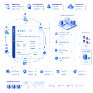 Illustration explaining how a domain backorder service monitors the domain lifecycle and automatically captures expired domains through priority registration.