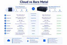 Comparison of cloud GPU servers and bare metal GPU servers showing pricing scalability utilization and performance