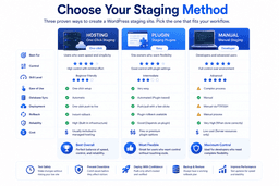 Comparison of WordPress staging methods including hosting provider staging plugins and manual setup