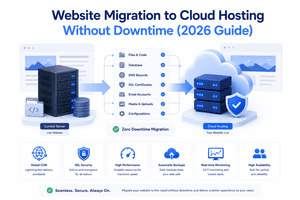 Website migration to cloud hosting showing website files databases DNS SSL and zero downtime cloud infrastructure
