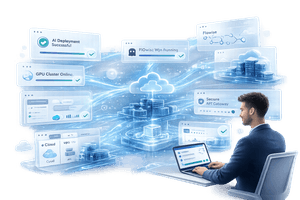 Enterprise GenAI Platform dashboard showing deployment of open-source AI applications on cloud, VPS, dedicated servers, and GPU infrastructure.