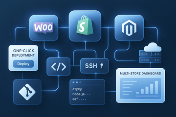 Integrated eCommerce hosting environment with tools for developers and store owners, including WooCommerce, Shopify, Git, API automation, and multi-store management.