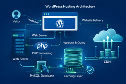 WordPress hosting architecture showing server, database, caching and CDN layers