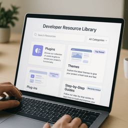 A clean, modern developer resource library interface displayed on a screen—showing searchable cards labeled “Plugins”, “Themes”, and “Step-by-Step Guides”, with a search bar at the top labeled “Search Resources”. Visual Elements: Dashboard view with a search input bar and filter options (e.g., categories or tags) Cards or tiles featuring plugin icons, screenshots, and brief descriptions A user browsing on a laptop or tablet in a workspace Subtle badges: "Community Pick", "Top Rated", or "Recently Added" Brand-friendly color palette (white background, light grays, soft blues or purples) Style: Modern UI, realistic lighting, slightly top-down or isometric perspective. Convey a friendly, helpful, and organized feel—like a resource center built by and for users.