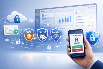 Google Workspace security dashboard with multi-factor authentication, SPF DKIM DMARC email protection, and secure cloud data management interface