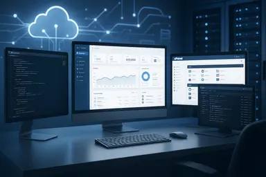 A sleek modern workspace featuring multiple computer screens displaying dashboards, code editors, and server management panel