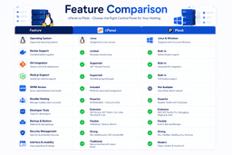 Comparison of cPanel and Plesk features including Linux Windows Docker Git reseller hosting and developer tools