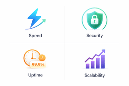 web hosting benefits illustration showing speed, uptime, security, and scalability for businesses