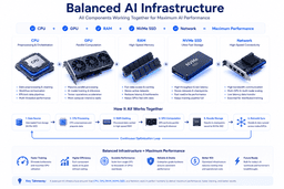 Balanced AI infrastructure showing CPU GPU RAM NVMe SSD and networking for efficient model training