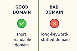 Graphic comparing good domain names vs bad domain names for SEO and branding.